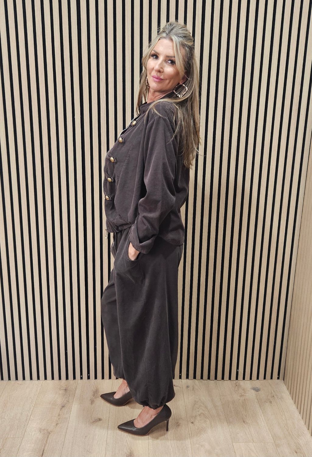 Military-Style Cotton Two-Piece Suit – Chocolate