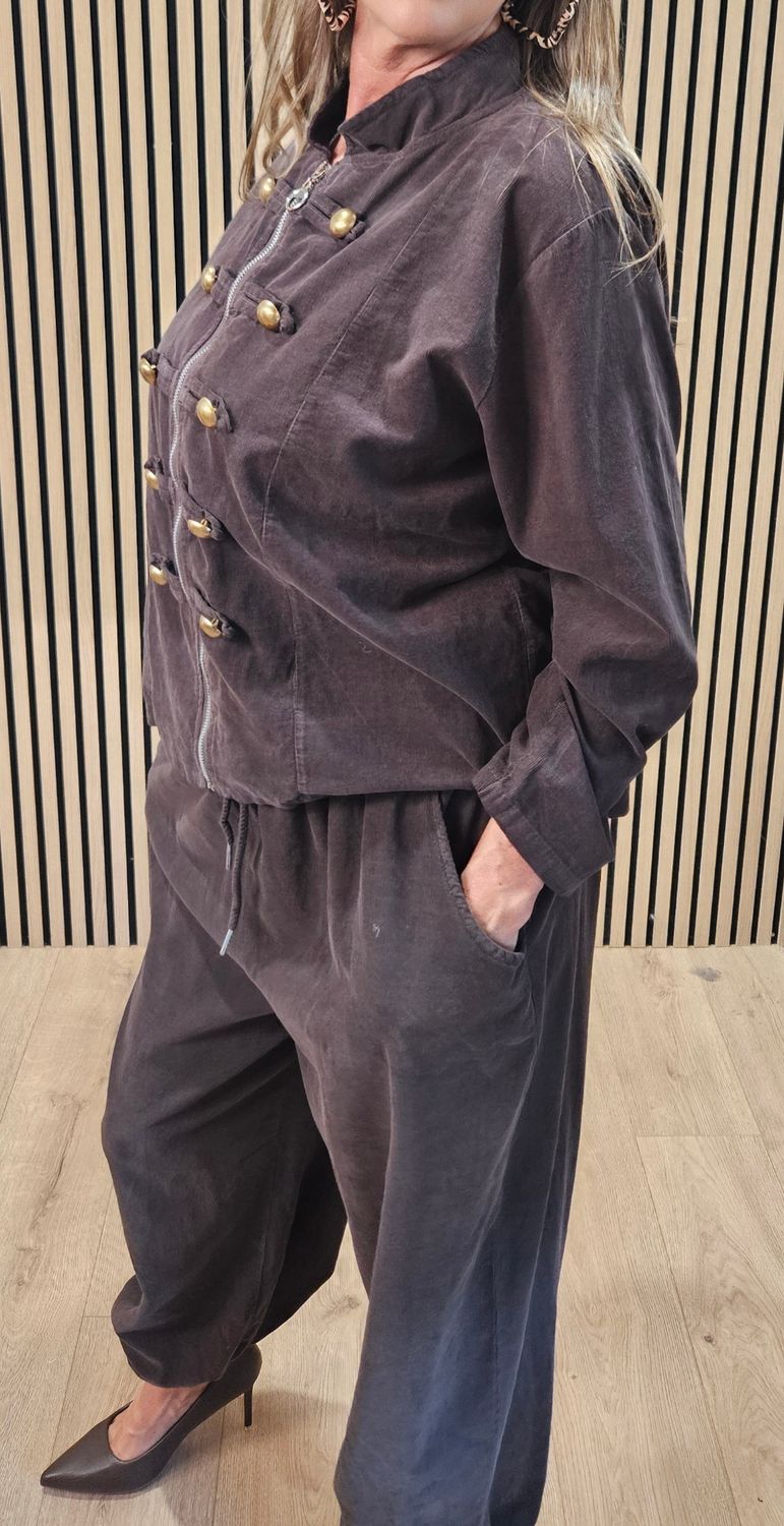 Military-Style Cotton Two-Piece Suit – Chocolate