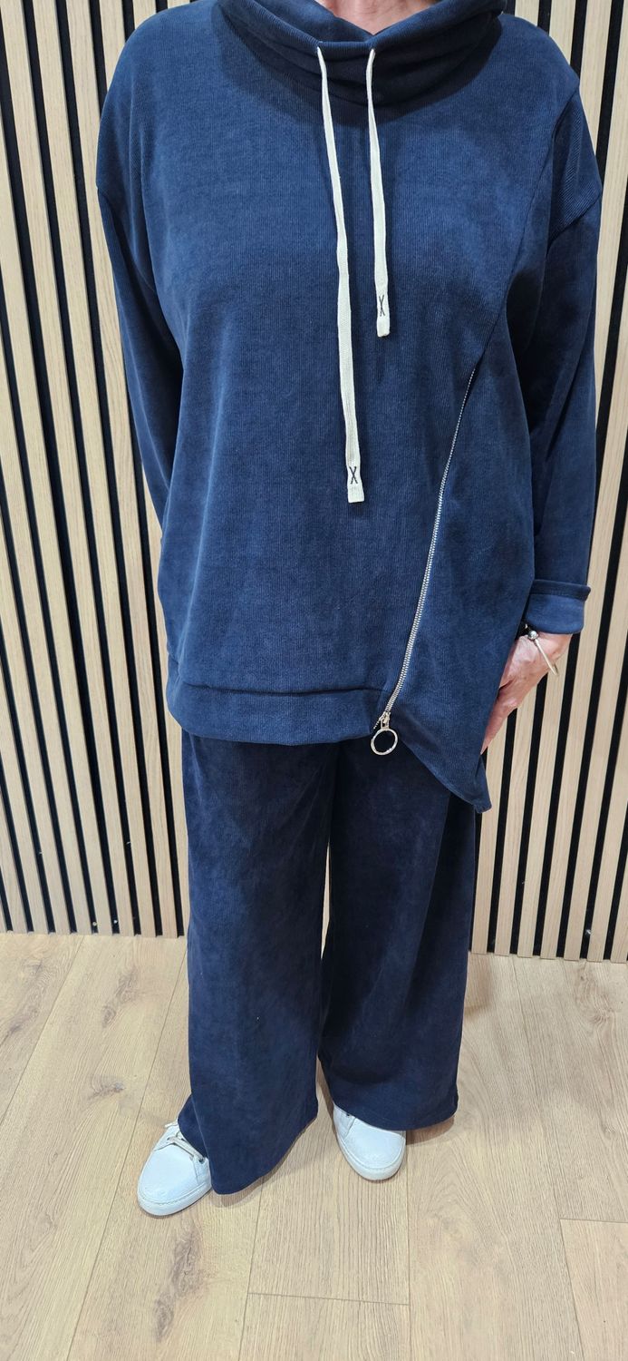 Cowl-Neck Zip-Detail Two-Piece Co-ord – Navy