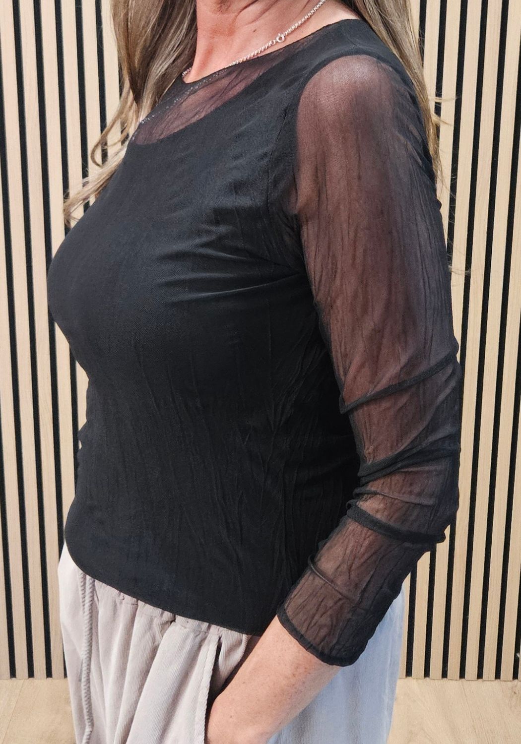 Sheer-Sleeve Mesh Top –  Black