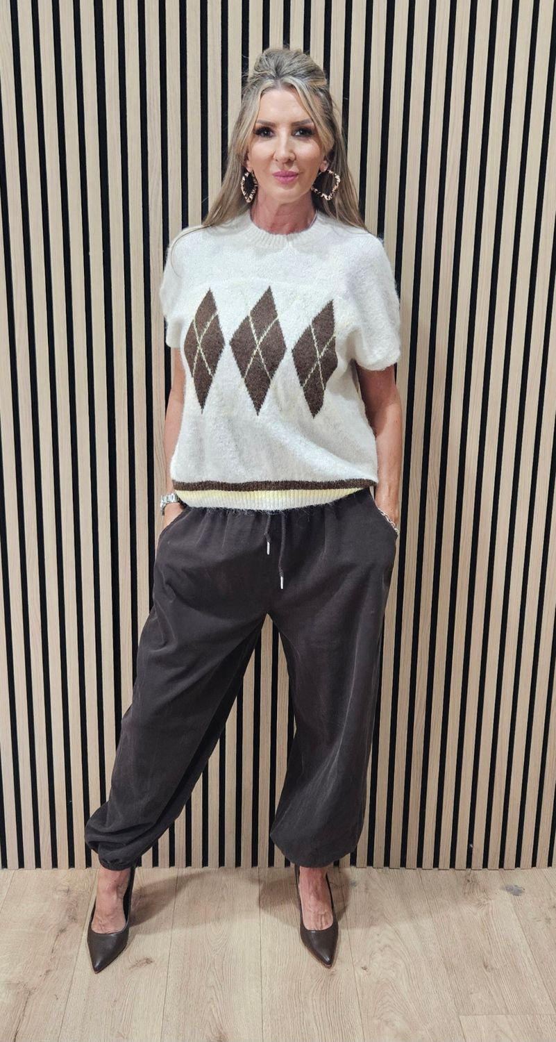 Short-Sleeve Argyle Knit Jumper