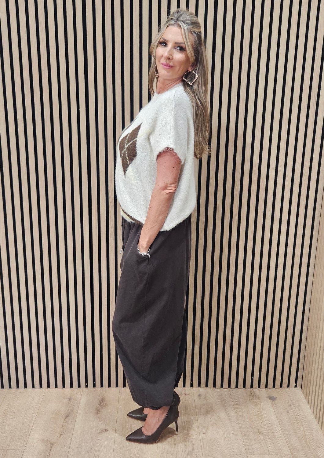 Short-Sleeve Argyle Knit Jumper