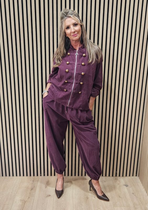 Military-Style Cotton Two-Piece Suit –  Burgundy