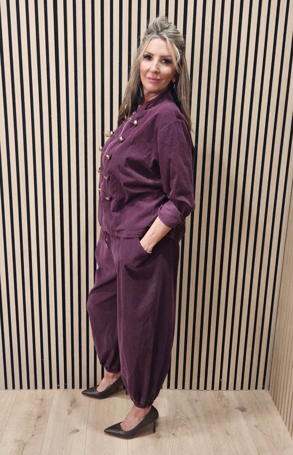 Military-Style Cotton Two-Piece Suit –  Burgundy