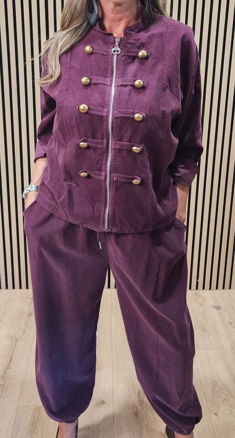 Military-Style Cotton Two-Piece Suit –  Burgundy