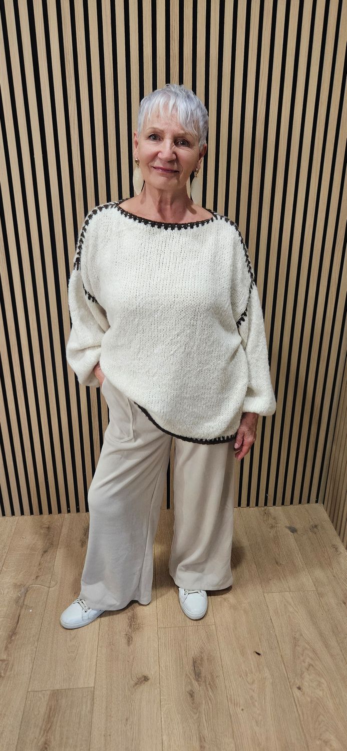Contrast Stitch Knit Jumper – Cream/chocolate