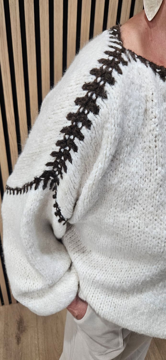 Contrast Stitch Knit Jumper – Cream/chocolate