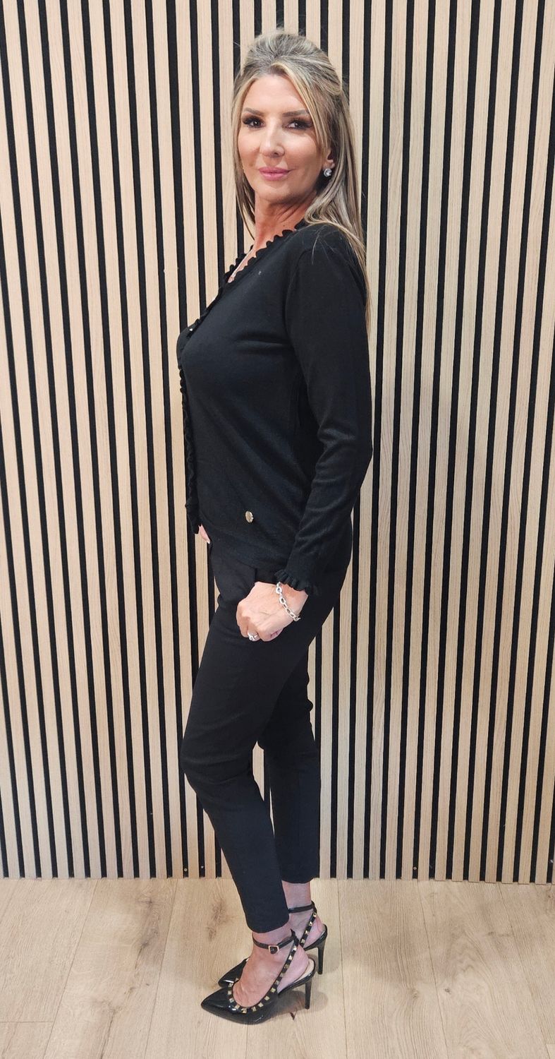Frill-Trim Fine-Knit Cardigan - Black