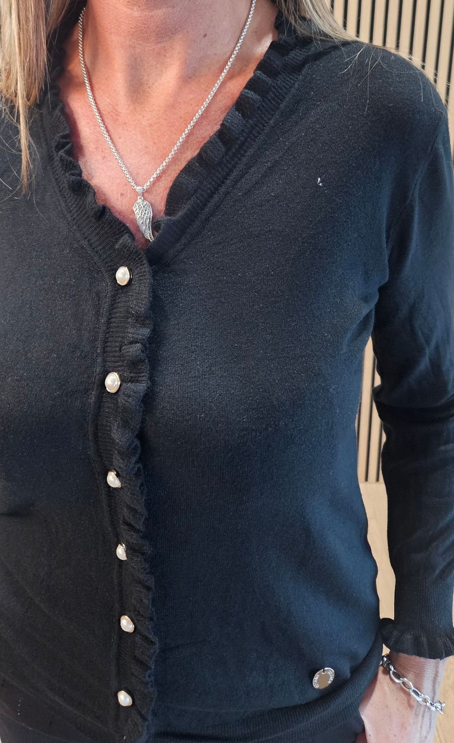 Frill-Trim Fine-Knit Cardigan - Black