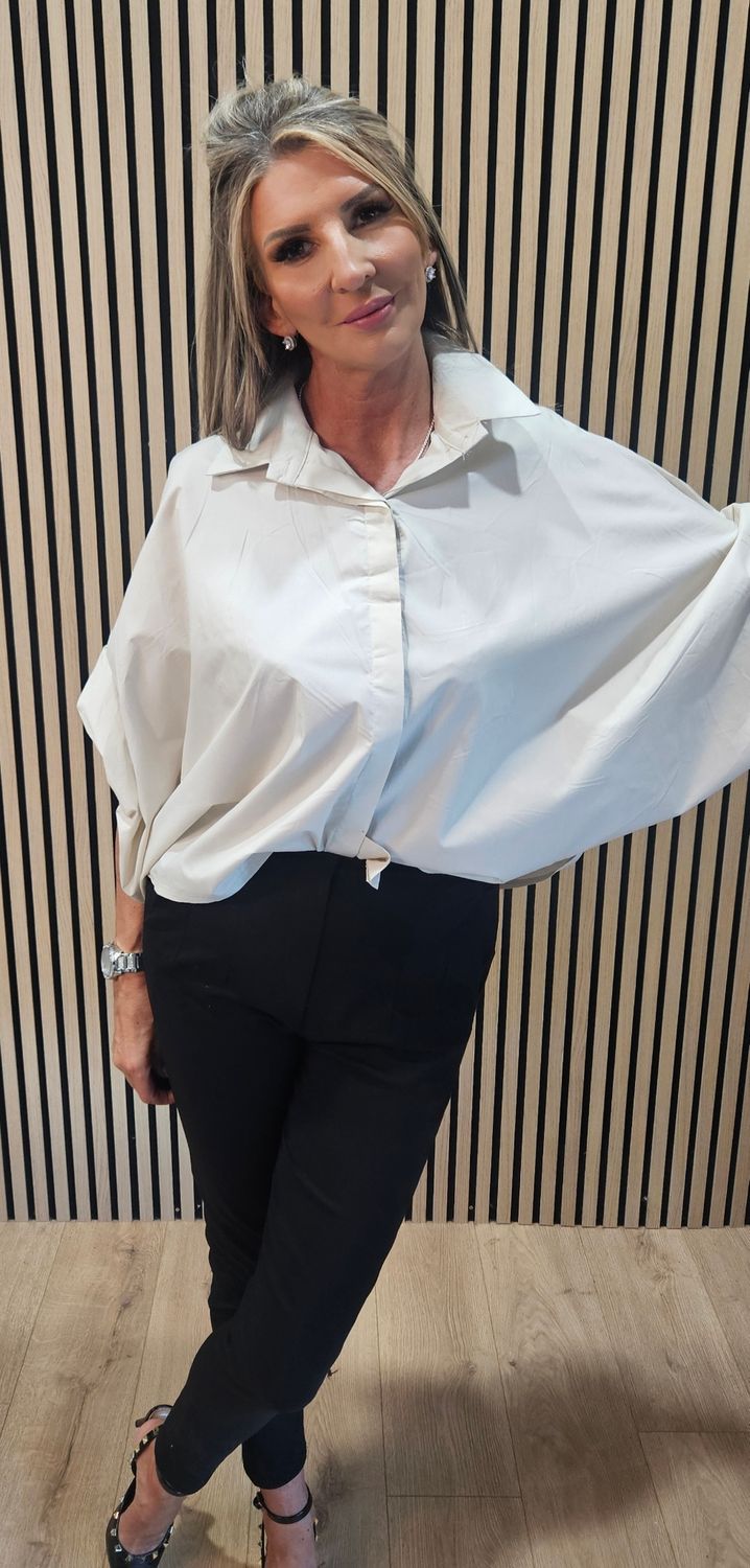 Statement Sleeve Cotton Blouse – Stone