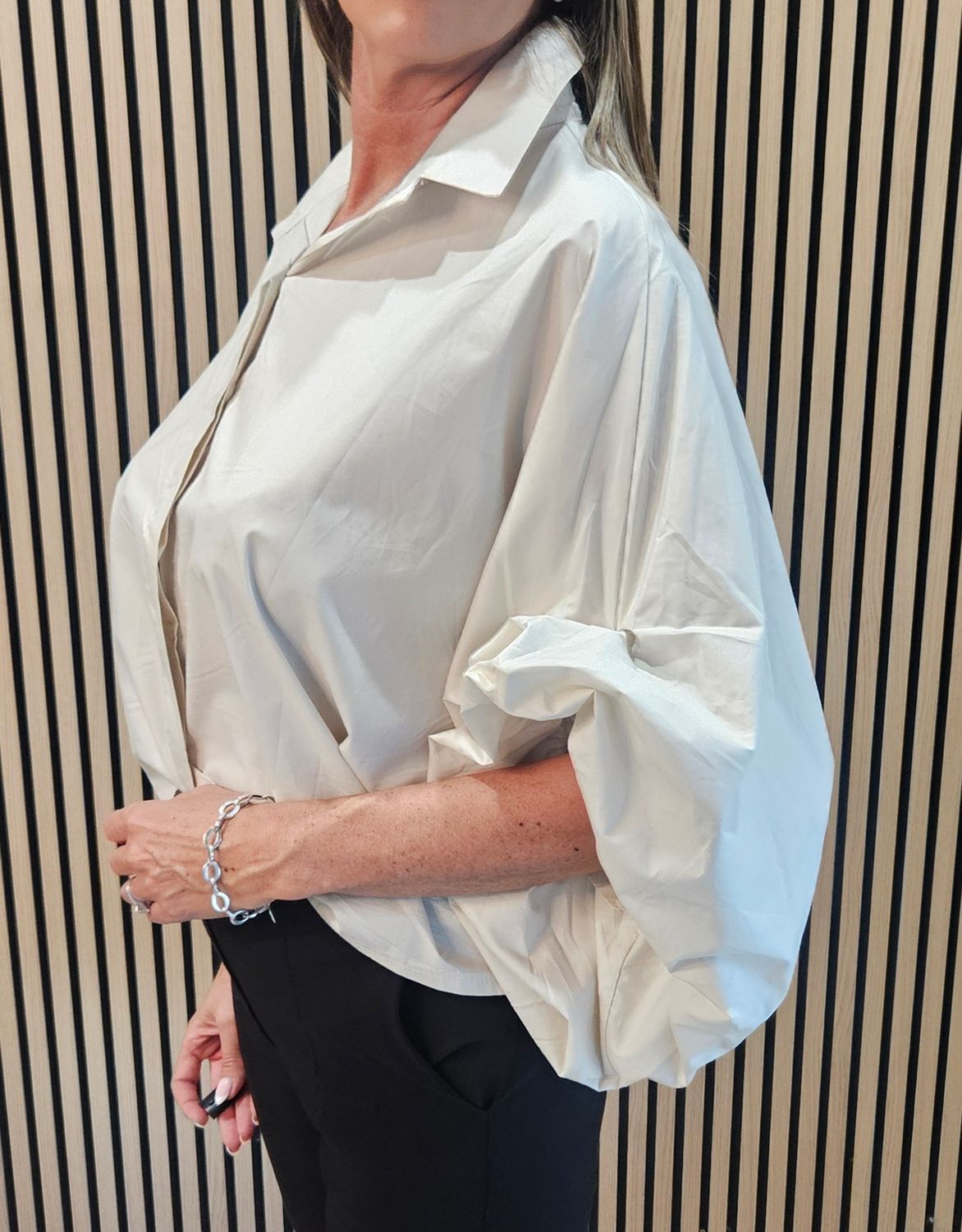 Statement Sleeve Cotton Blouse – Stone