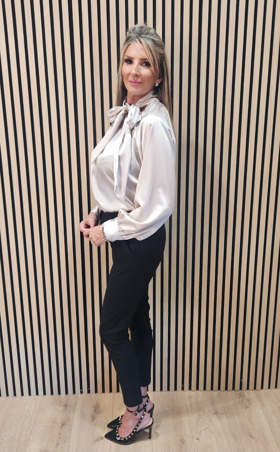 Satin Bow-Neck Blouse – Champagne