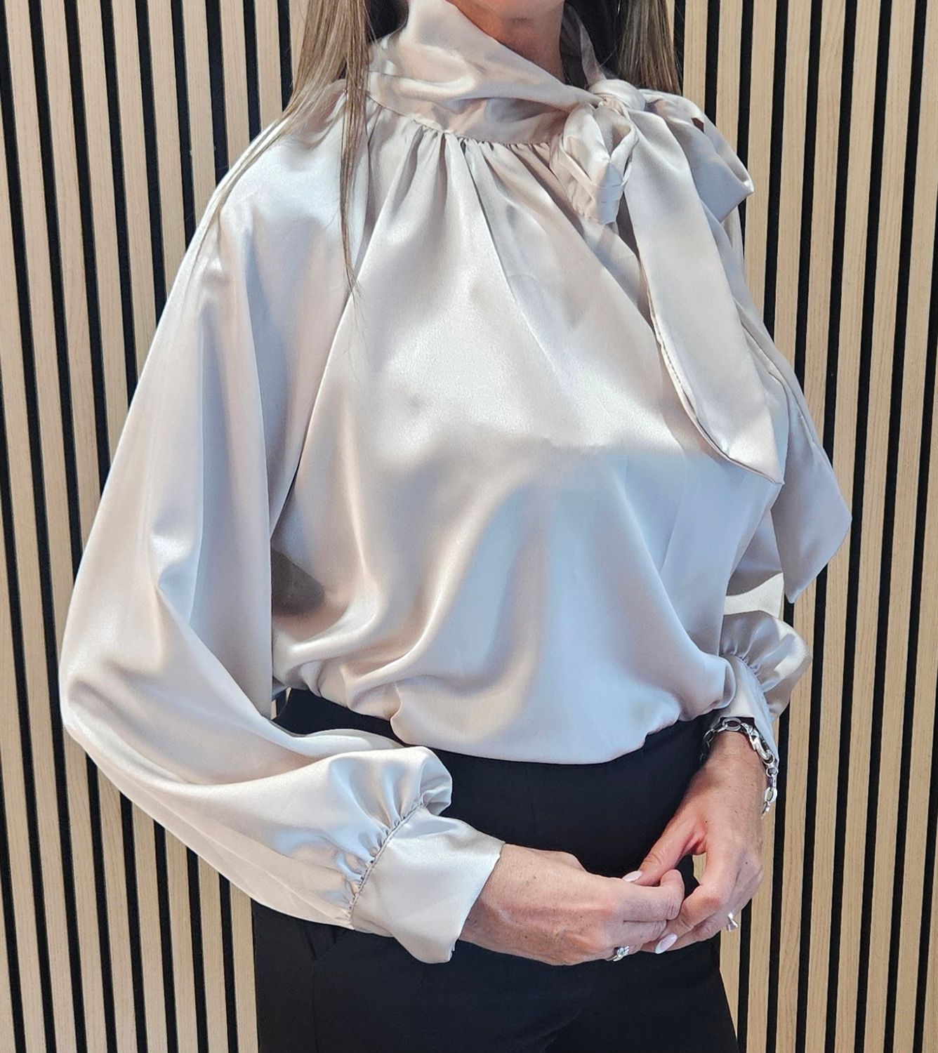 Satin Bow-Neck Blouse – Champagne