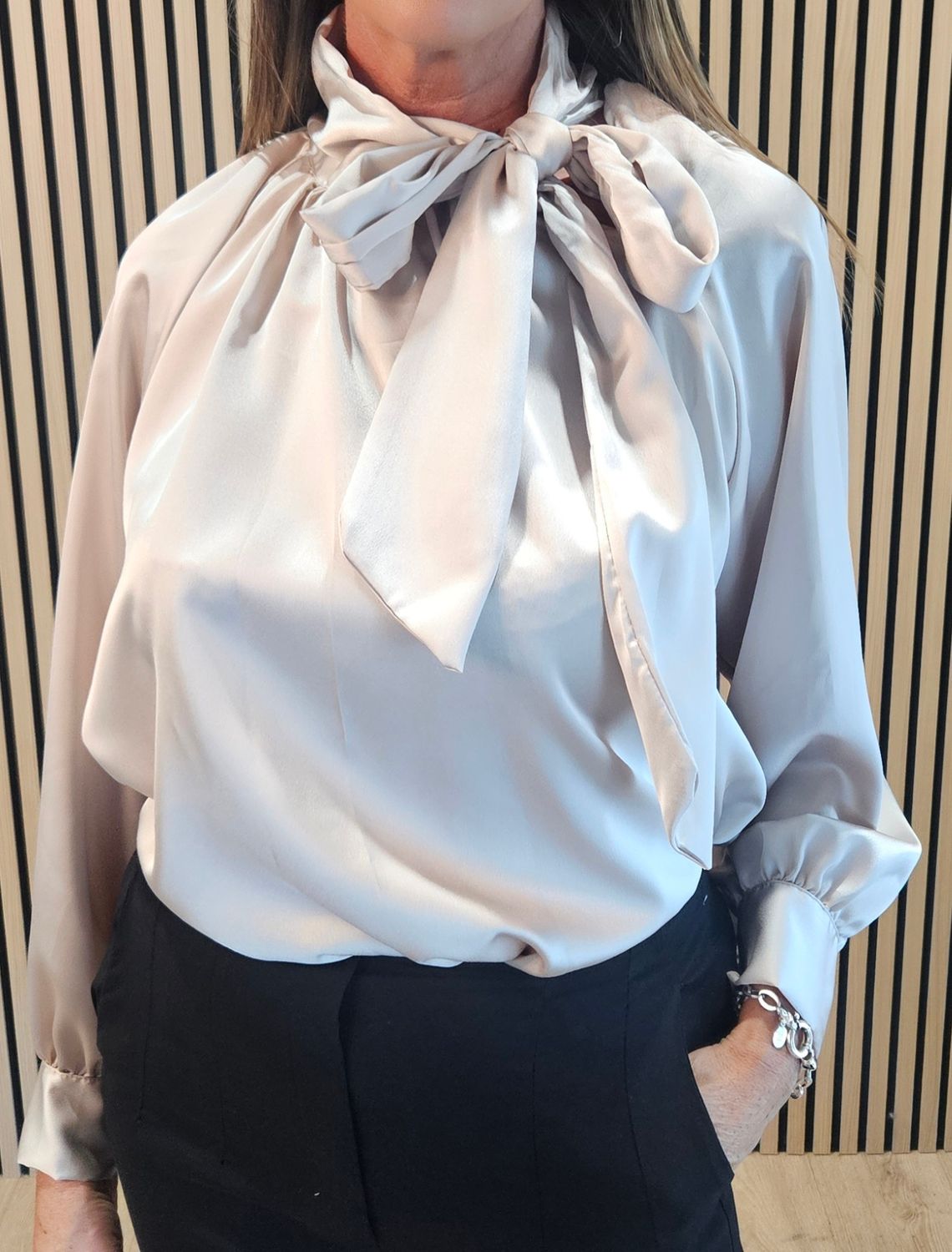 Satin Bow-Neck Blouse – Champagne