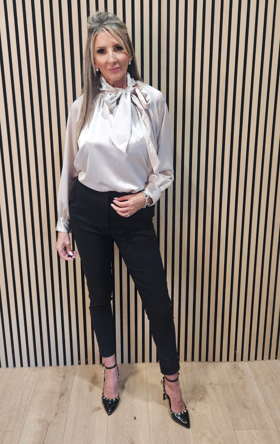 Satin Bow-Neck Blouse – Champagne