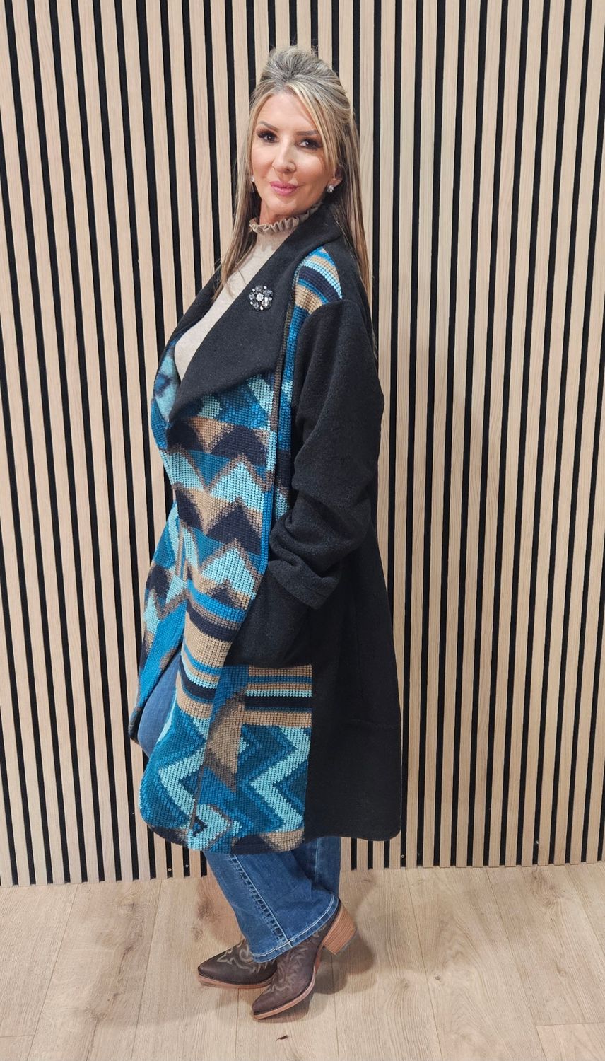 Geometric Panel Wool-Blend Coat with Brooch