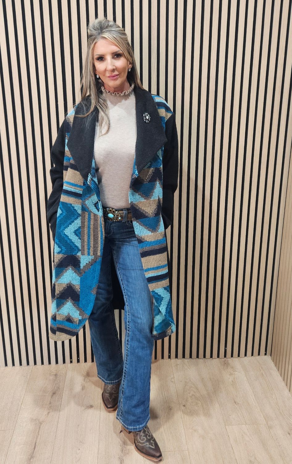 Geometric Panel Wool-Blend Coat with Brooch