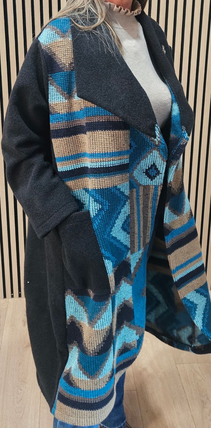 Geometric Panel Wool-Blend Coat with Brooch