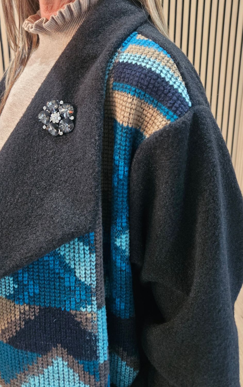 Geometric Panel Wool-Blend Coat with Brooch