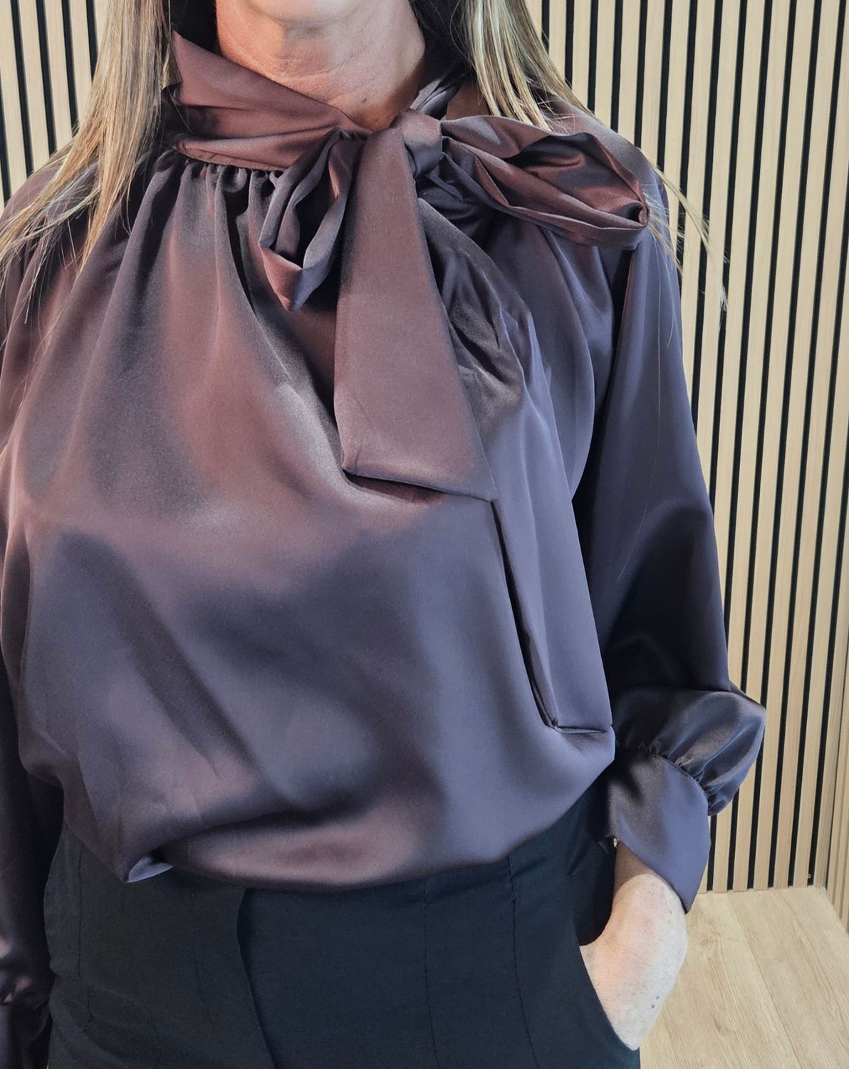 Satin Bow-Neck Blouse – Chocolate