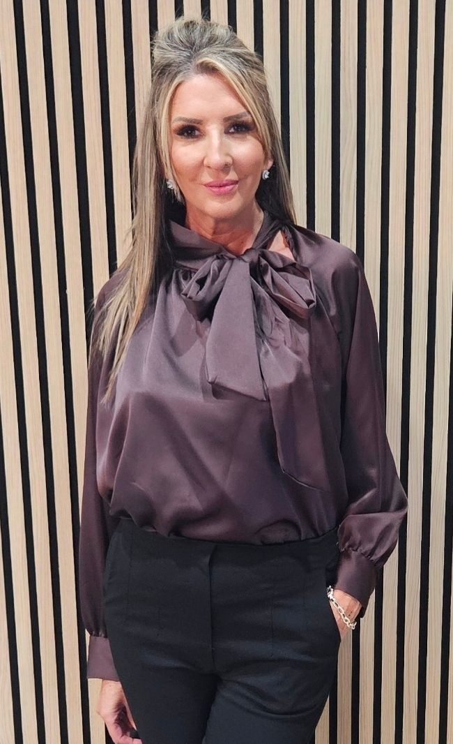 Satin Bow-Neck Blouse – Chocolate