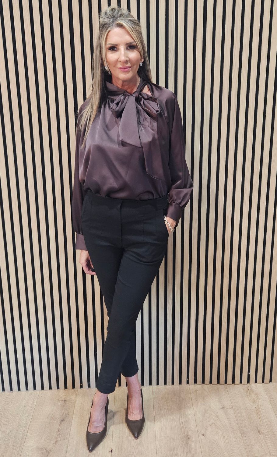 Satin Bow-Neck Blouse – Chocolate