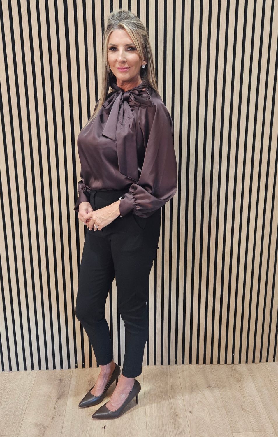 Satin Bow-Neck Blouse – Chocolate