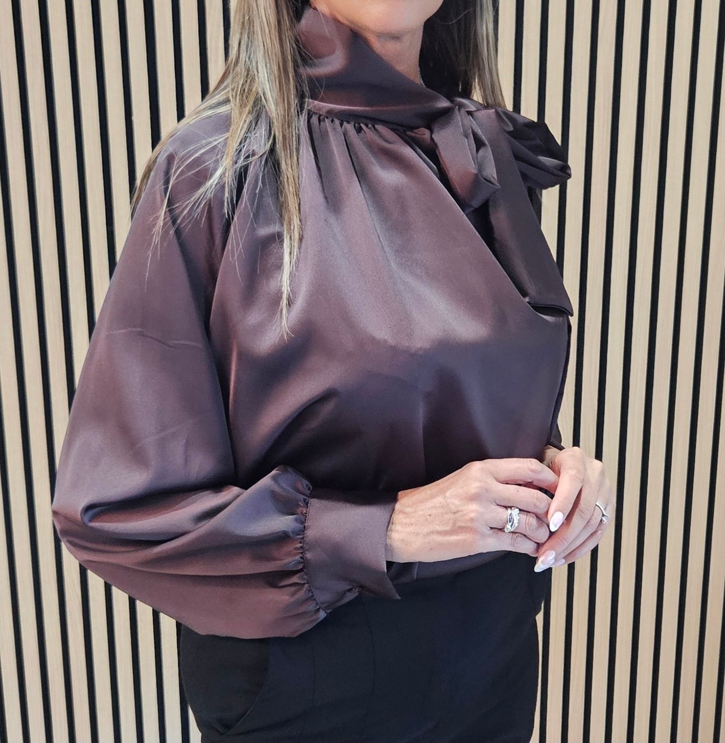 Satin Bow-Neck Blouse – Chocolate