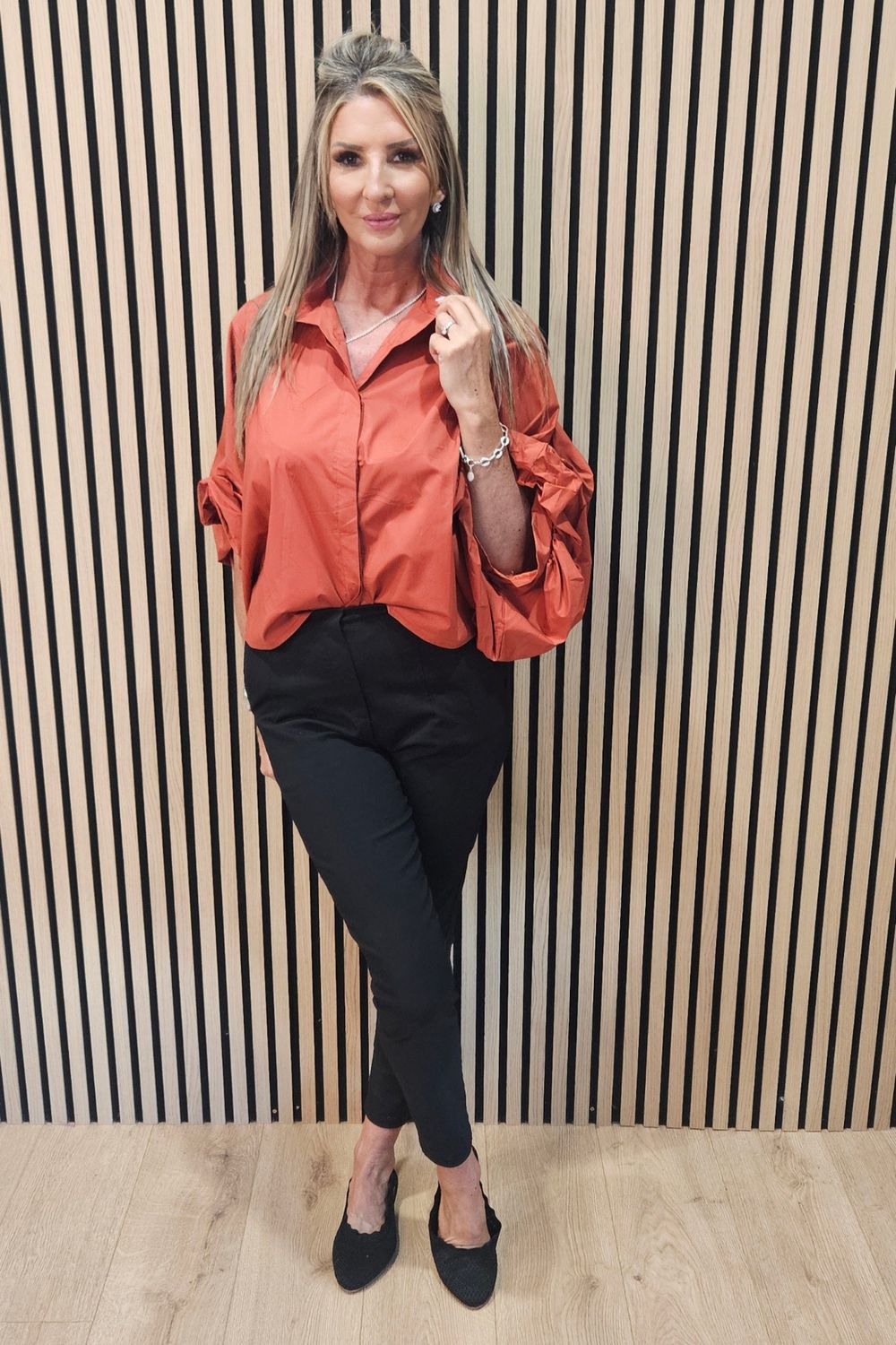 Statement Sleeve Cotton Blouse – Burnt Orange