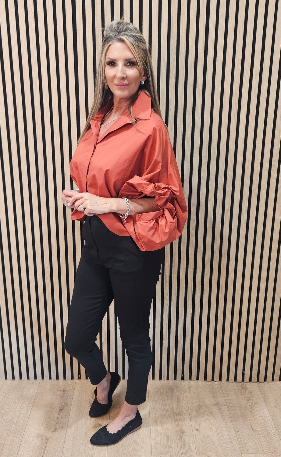 Statement Sleeve Cotton Blouse – Burnt Orange