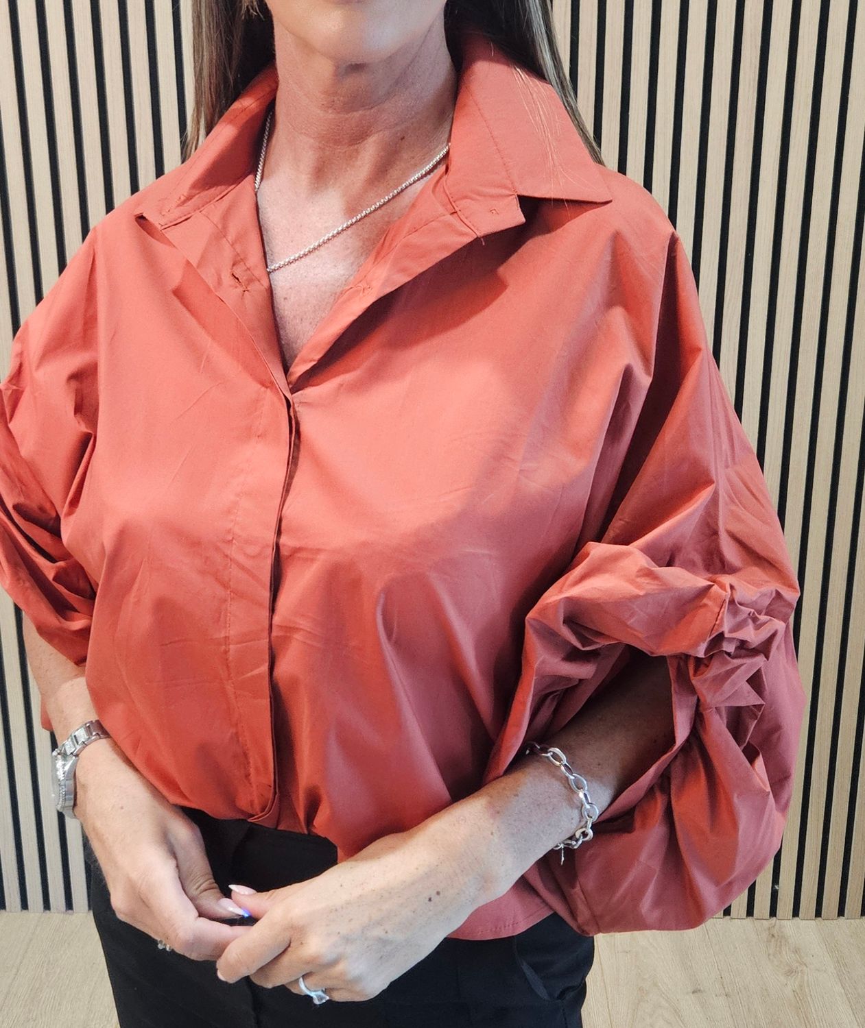Statement Sleeve Cotton Blouse – Burnt Orange
