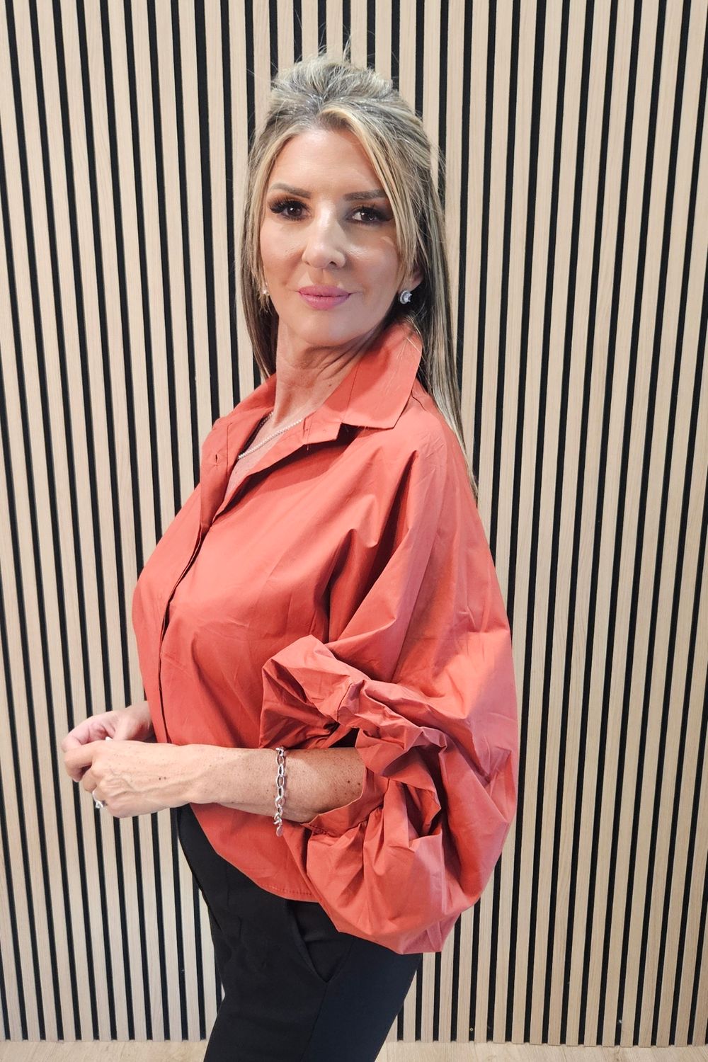 Statement Sleeve Cotton Blouse – Burnt Orange