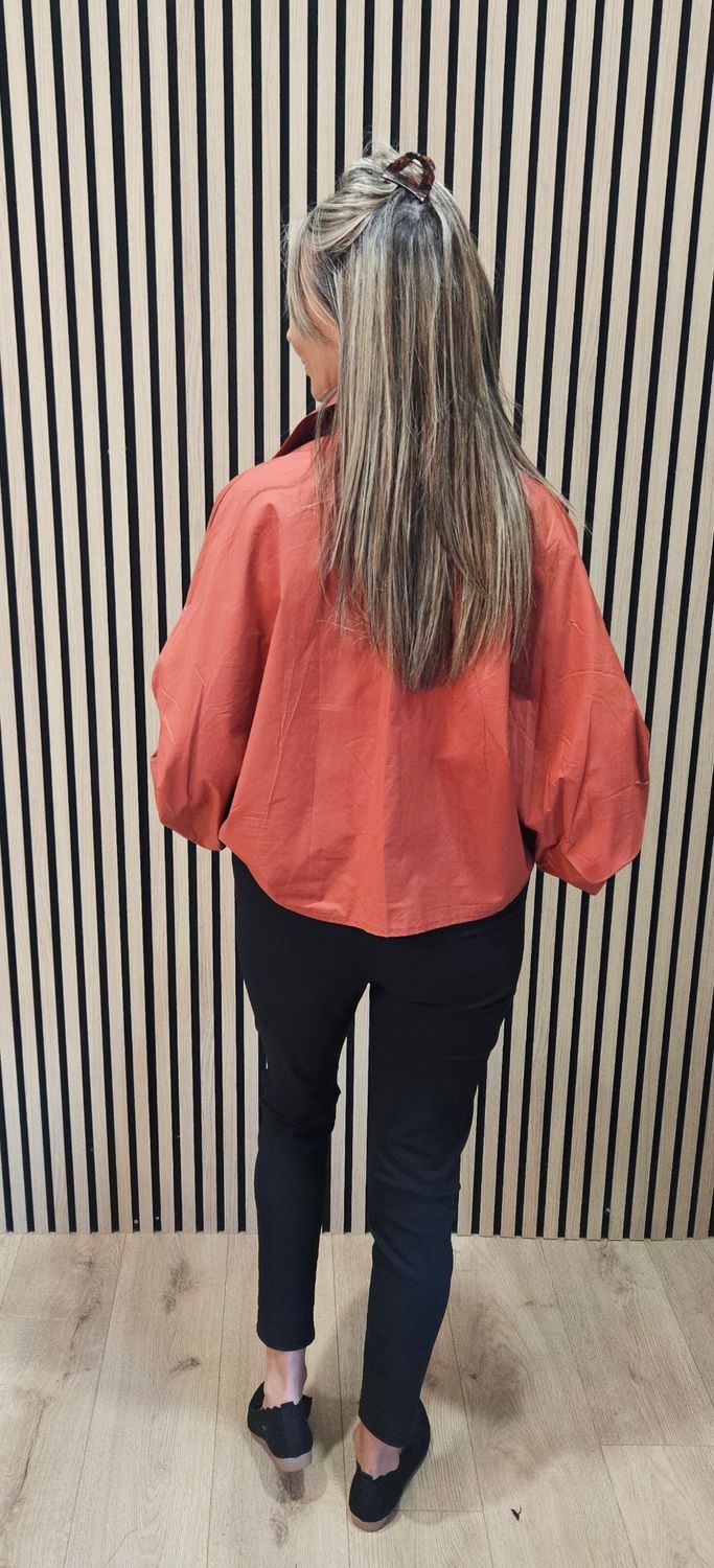 Statement Sleeve Cotton Blouse – Burnt Orange