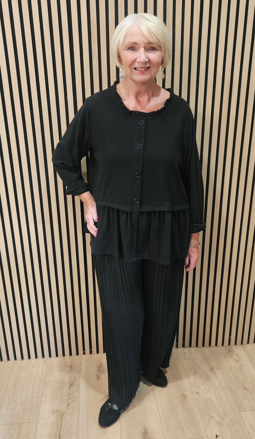 Frill-Hem Button-Through Cardigan – Black