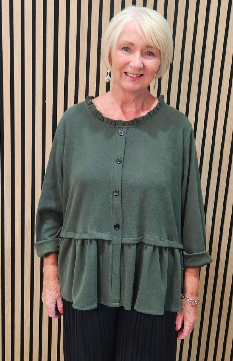 Frill-Hem Button-Through Cardigan – Khaki
