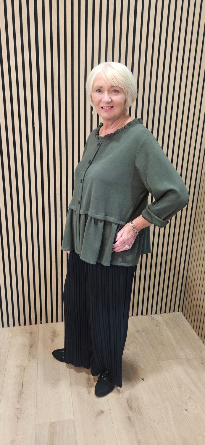 Frill-Hem Button-Through Cardigan – Khaki