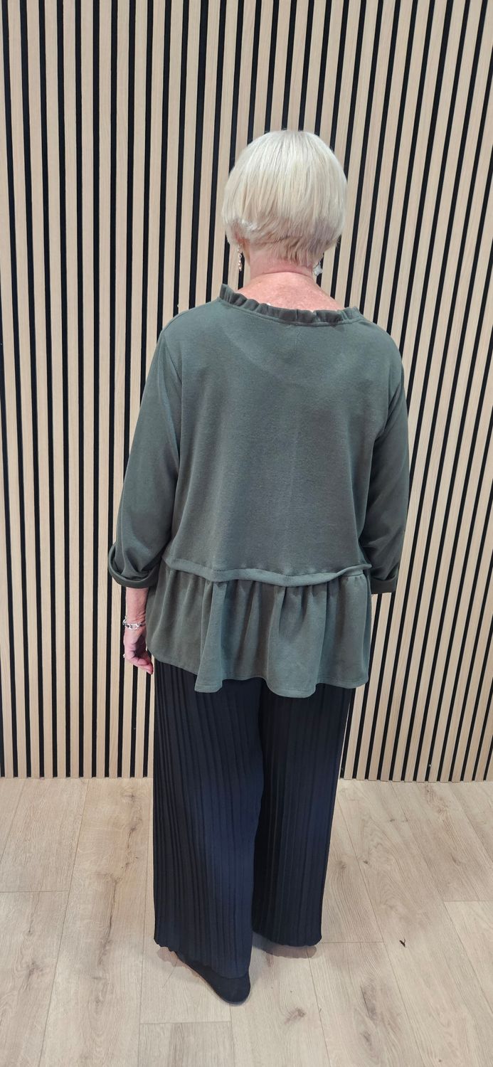Frill-Hem Button-Through Cardigan – Khaki