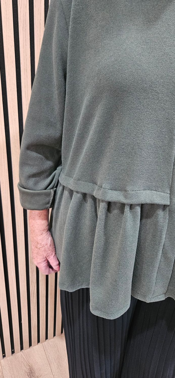 Frill-Hem Button-Through Cardigan – Khaki