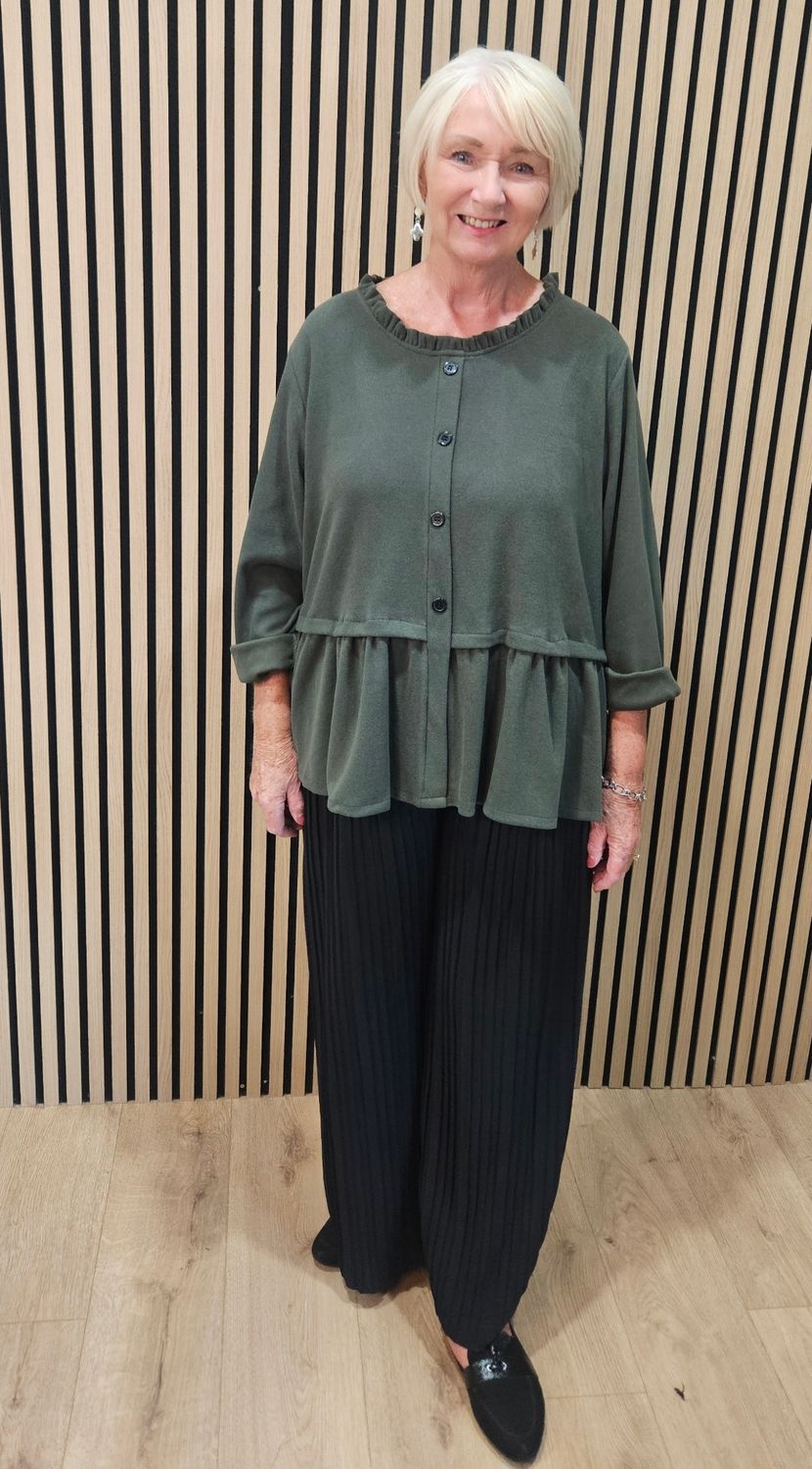 Frill-Hem Button-Through Cardigan – Khaki