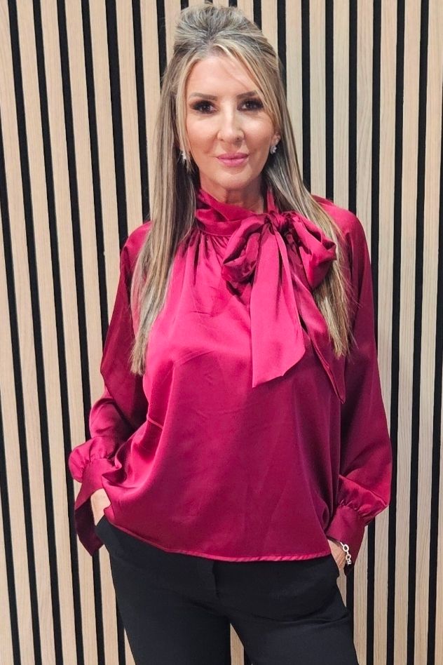 Satin Bow-Neck Blouse – Burgundy