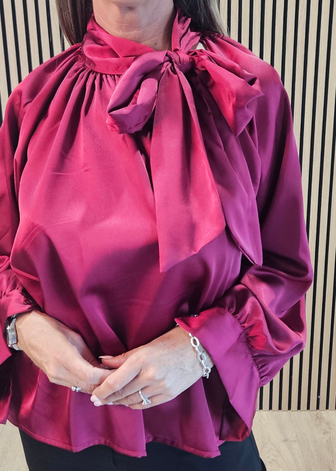 Satin Bow-Neck Blouse – Burgundy