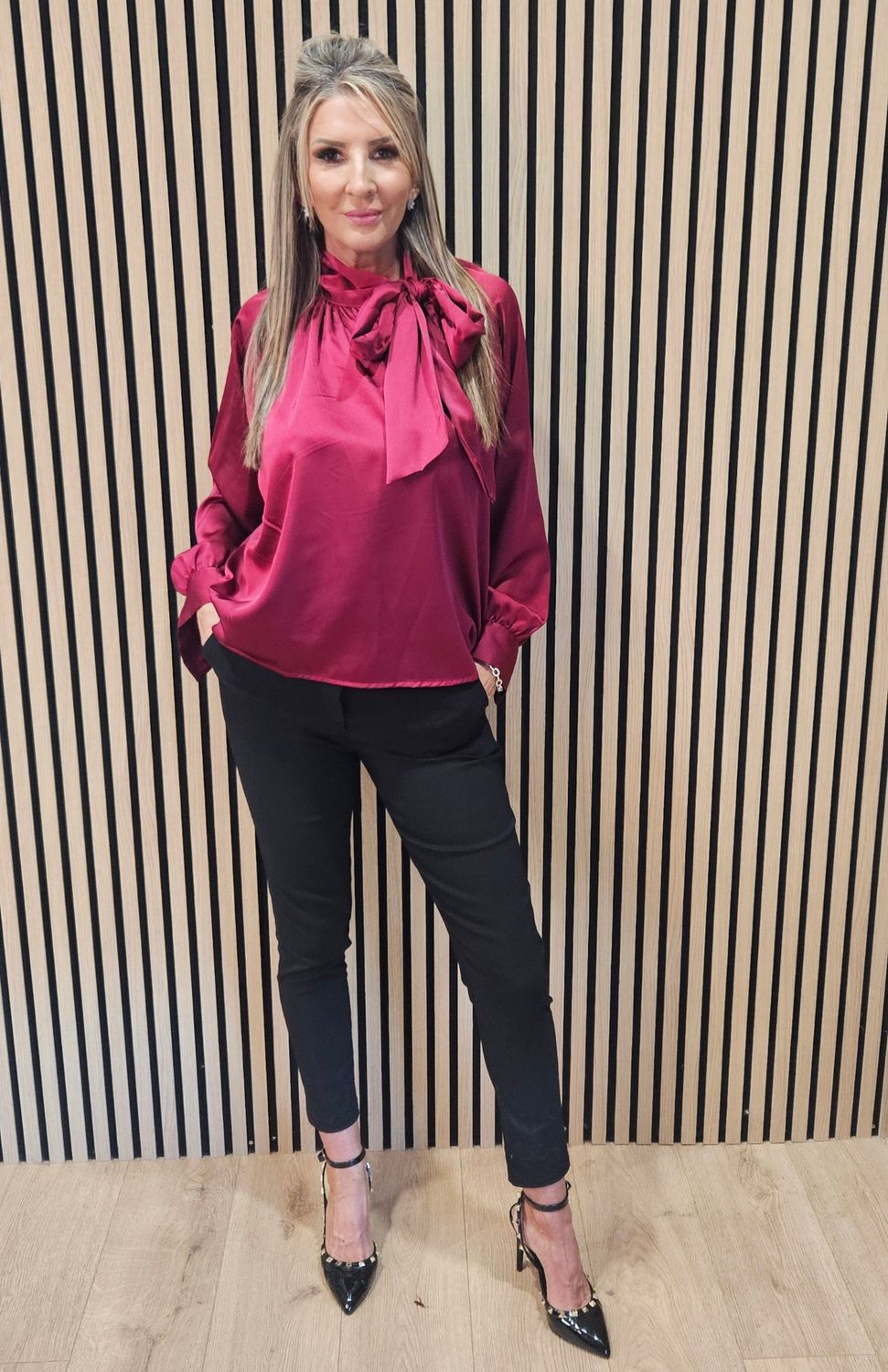 Satin Bow-Neck Blouse – Burgundy