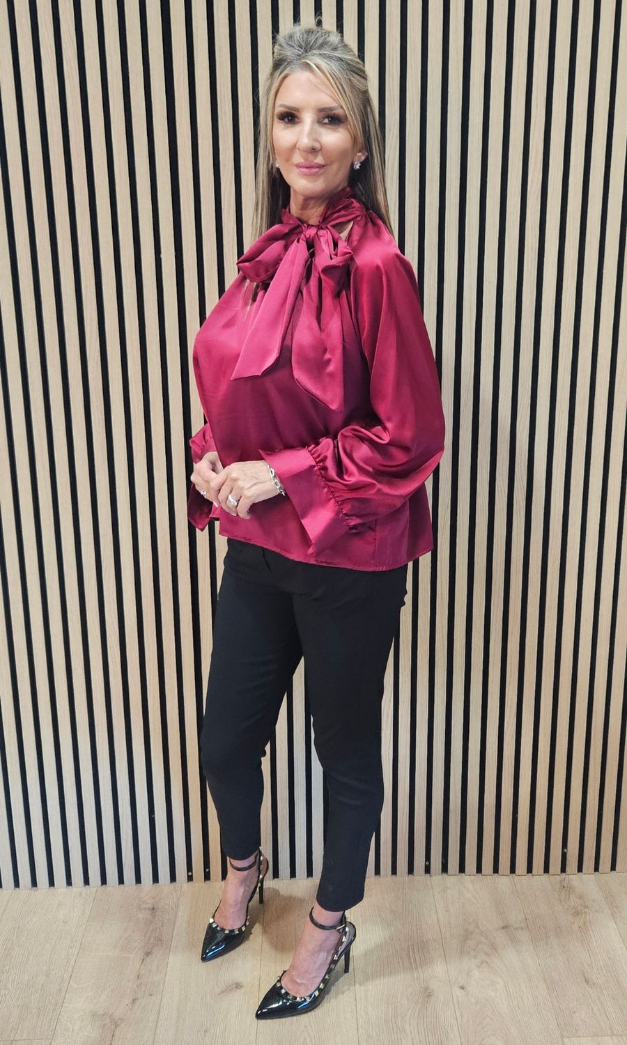 Satin Bow-Neck Blouse – Burgundy