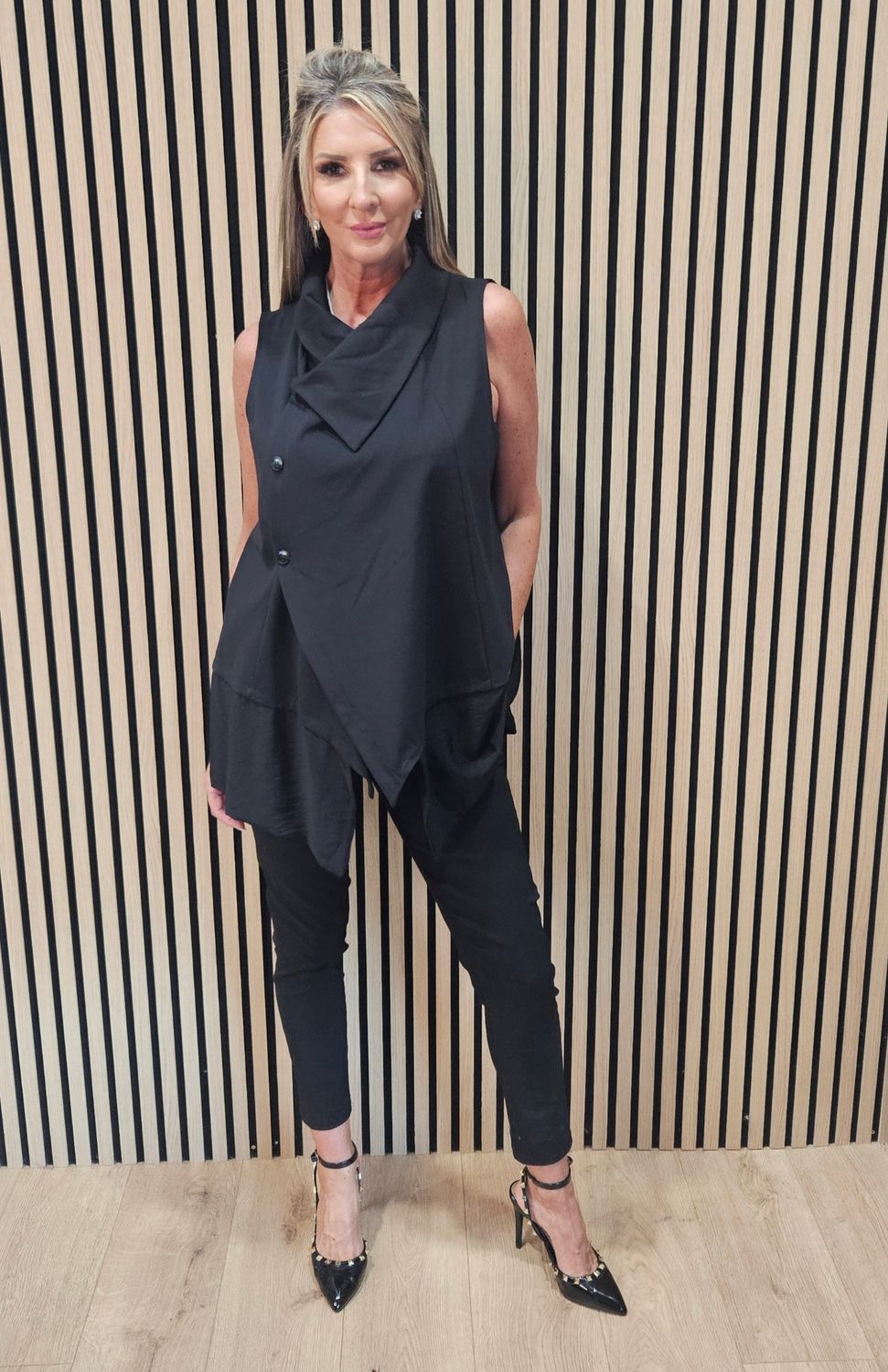 Asymmetric Drape-Collar Waistcoat -Black