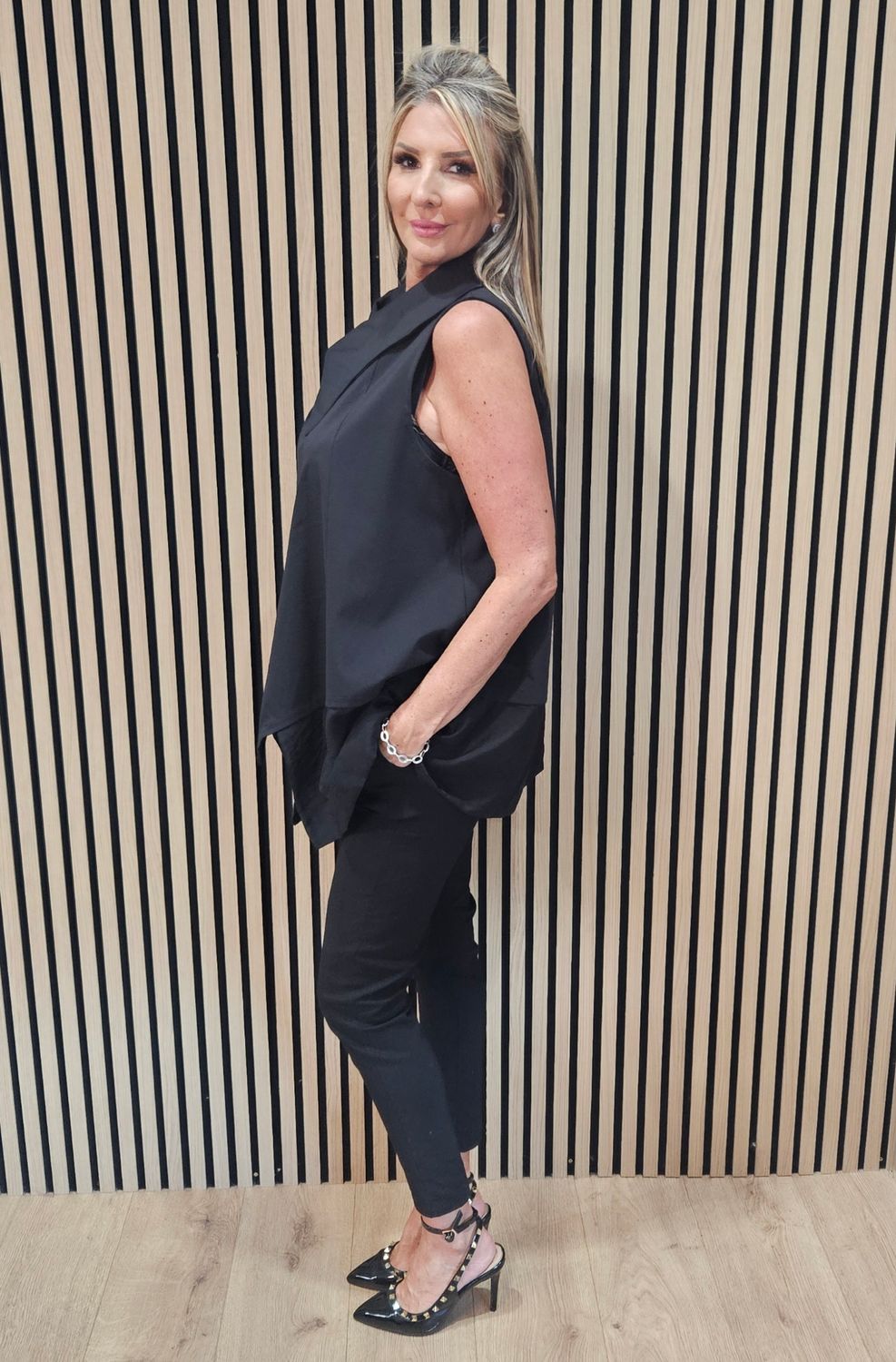 Asymmetric Drape-Collar Waistcoat -Black
