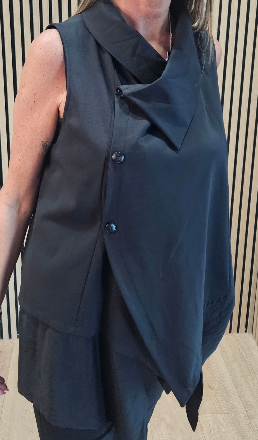 Asymmetric Drape-Collar Waistcoat -Black