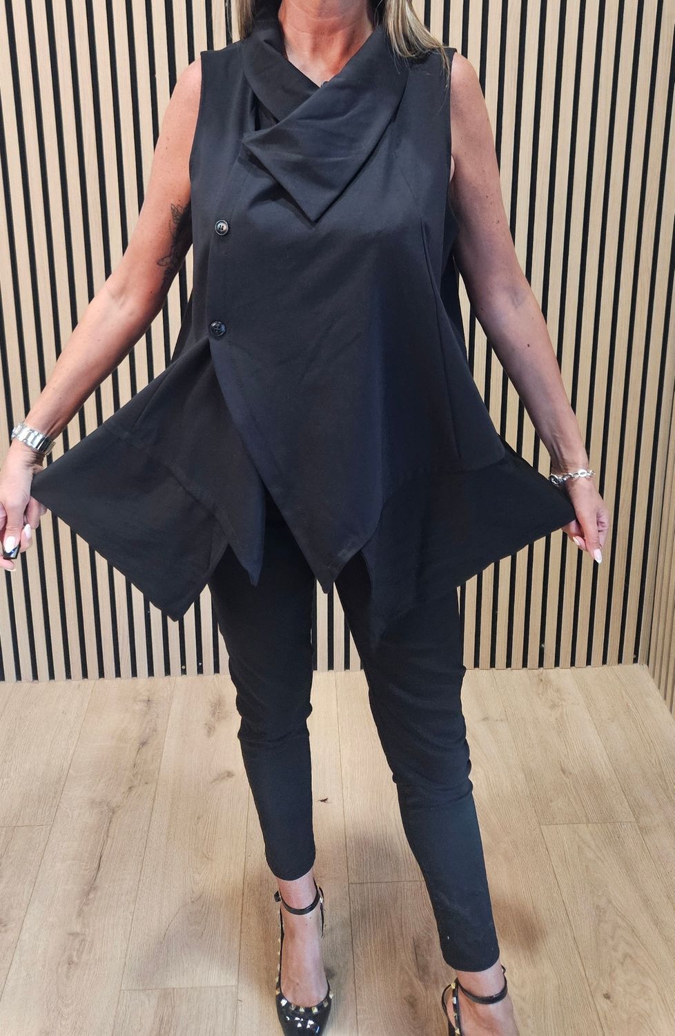Asymmetric Drape-Collar Waistcoat -Black