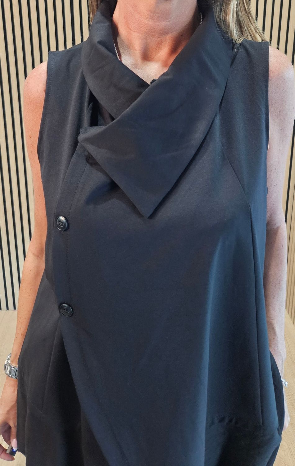 Asymmetric Drape-Collar Waistcoat -Black