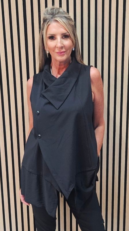 Asymmetric Drape-Collar Waistcoat -Black Asymmetric Drape-Collar Waistcoat -Black