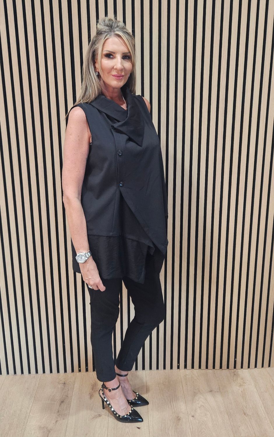 Asymmetric Drape-Collar Waistcoat -Black